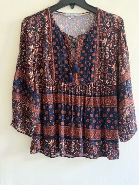 Daniel Rainn Navy and Rust Boho Tassel Peasant Top